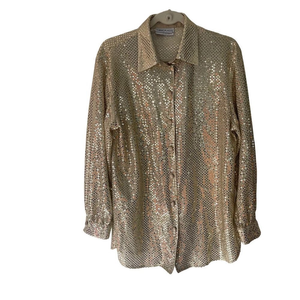 Three Flaggs Vintage Womens Shirt Size Medium Gold Metallic Glitter Long Sleeve